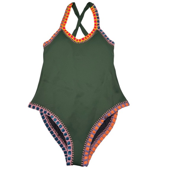 Platinum Swimwear PilyQ Olive Crochet Trim One Piece Small Trendy Vacation - Picture 1 of 6